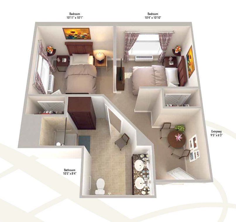 A detailed floor plan of a one-bedroom apartment featuring a bedroom, living room, and bathroom.