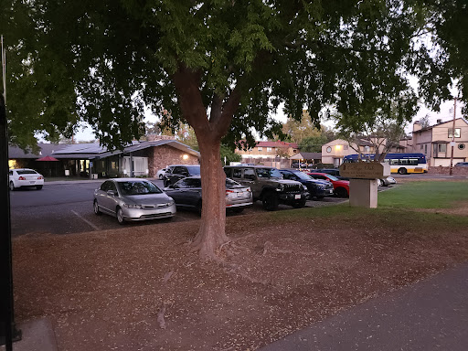 A view of a parking lot with various cars surrounded by trees during the evening.