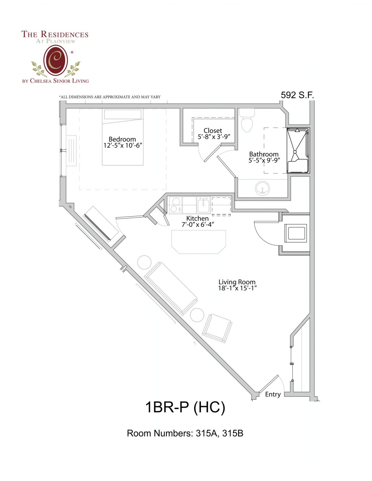 Floor plan of a one-bedroom apartment with labeled rooms.