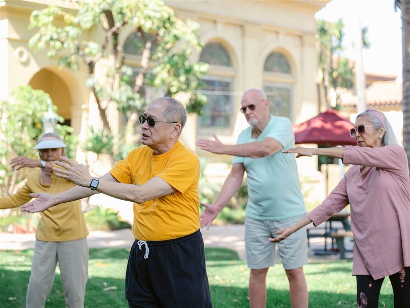 A group of seniors practicing Tai Chi outdoors on a sunny day.