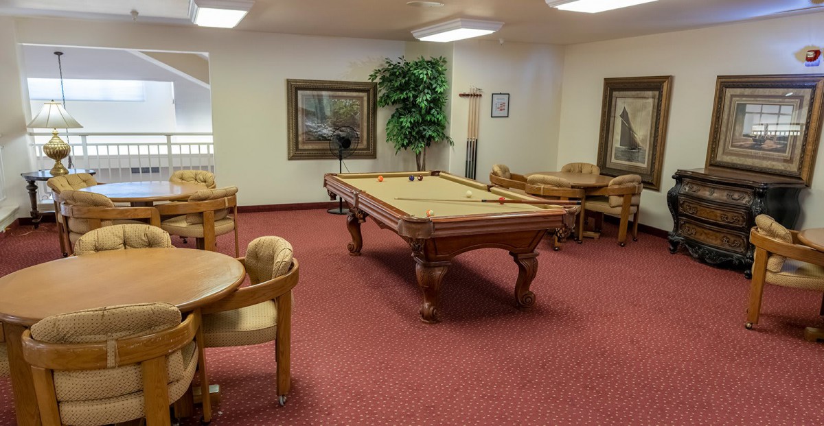A cozy billiards room featuring a pool table surrounded by chairs and tables, with decorative elements and carpeted flooring.