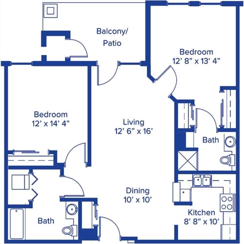 Blueprint of a two-bedroom apartment with designated living, dining, and kitchen areas.
