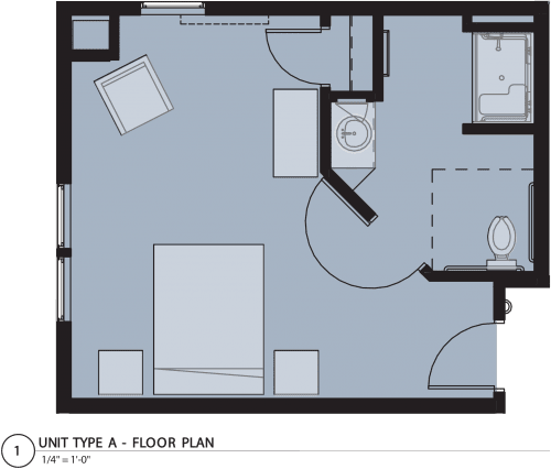 A detailed floor plan showing the layout of a small apartment unit, including designated areas for a kitchen, bathroom, and living space.