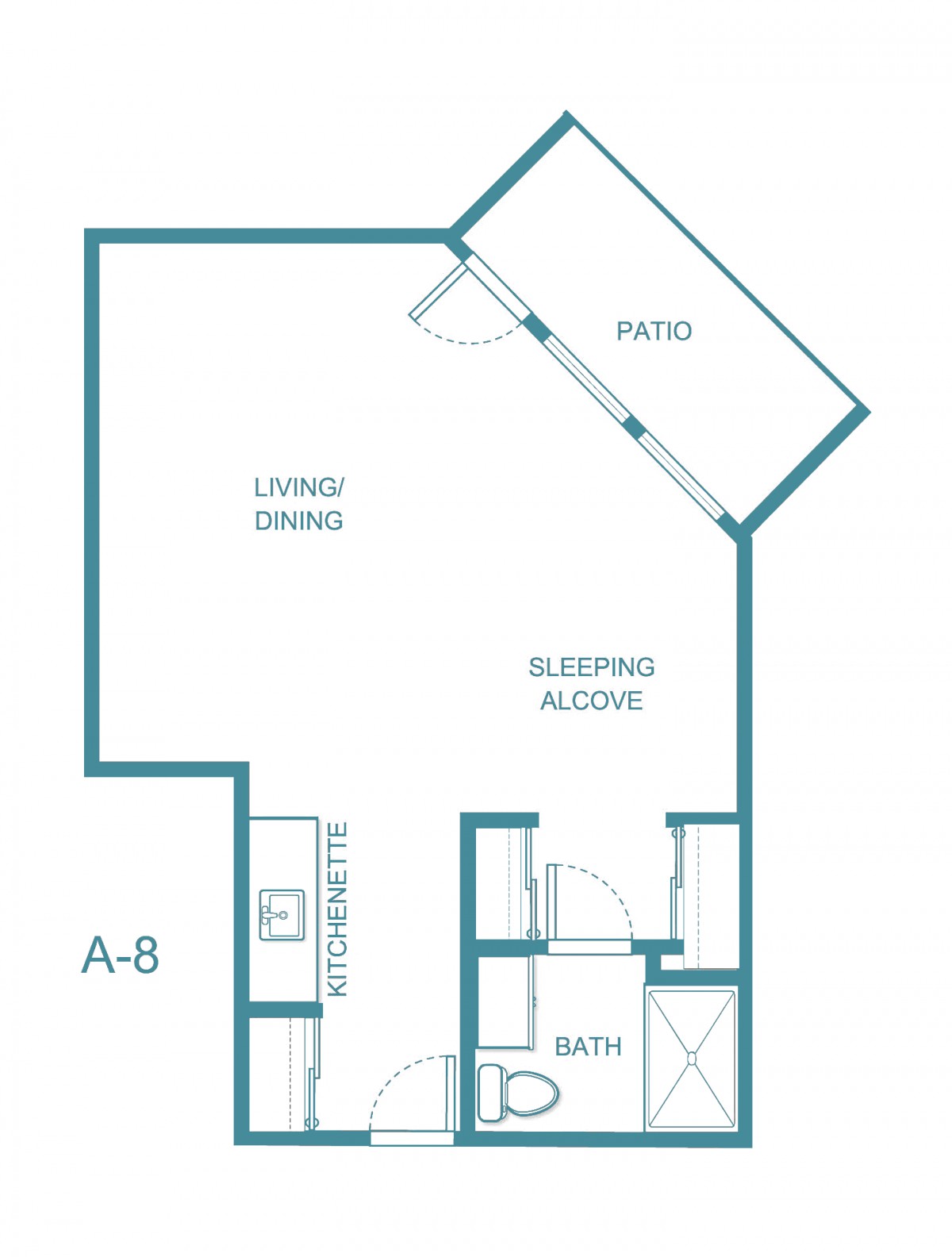 A floor plan of a studio apartment featuring a living/dining area, sleeping alcove, kitchen, bath, and patio.