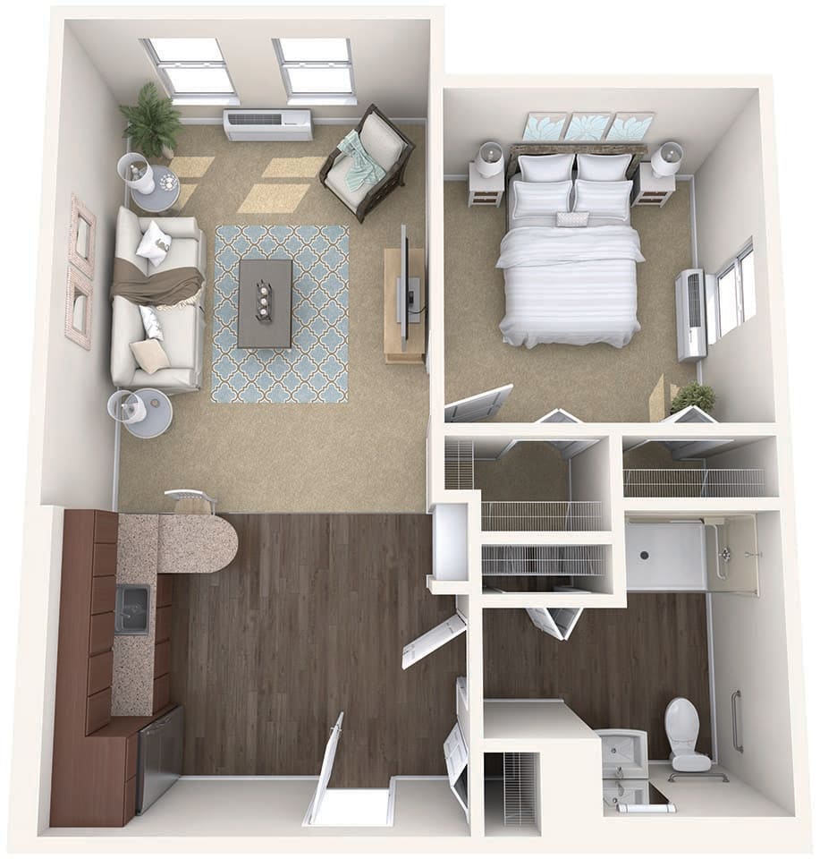 A 3D floor plan of a one-bedroom apartment featuring a living room, kitchen, bathroom, and bedroom.