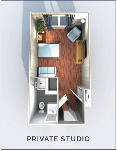 A 3D rendering of a compact apartment floor plan featuring a bedroom, bathroom, and living area.