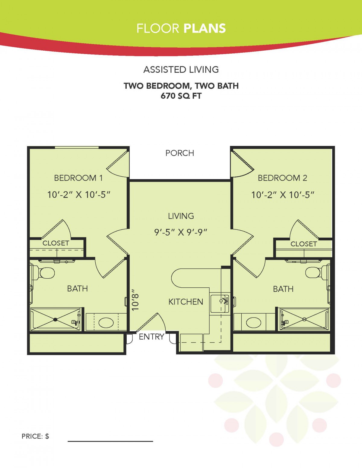 A floor plan layout of a two-bedroom, two-bathroom apartment with central living and kitchen areas.