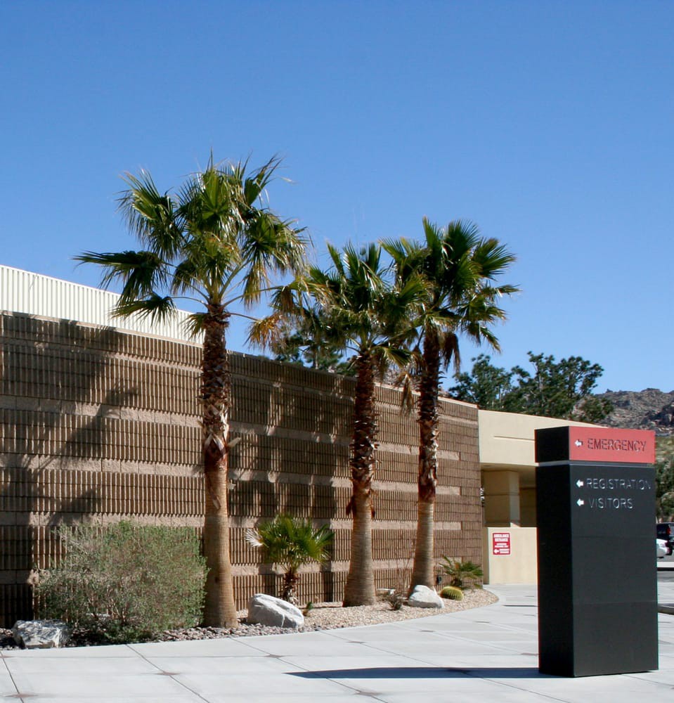 A modern building surrounded by palm trees under a clear blue sky in a desert setting.