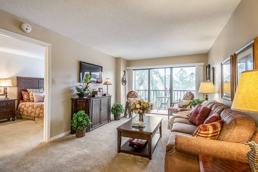 A cozy living room with a sofa, coffee table, and large windows letting in natural light.