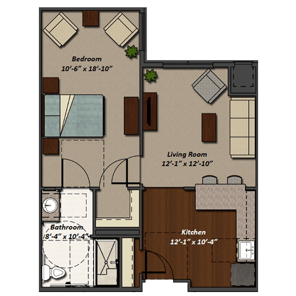 A compact one-bedroom apartment floor plan with designated areas for the bedroom, living room, kitchen, and bathroom.