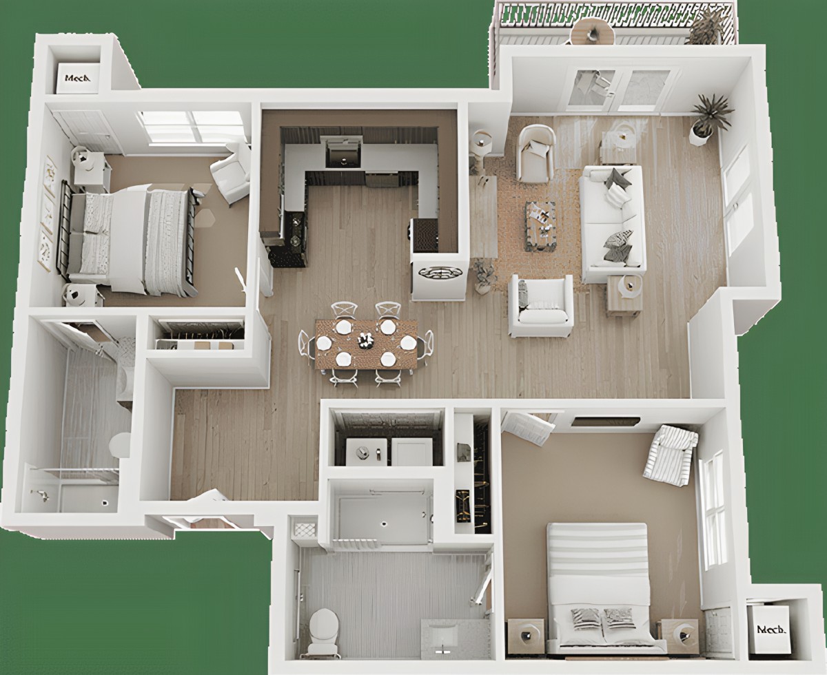 A 3D floor plan of a modern apartment with two bedrooms, a living room, kitchen, dining area, and bathroom.