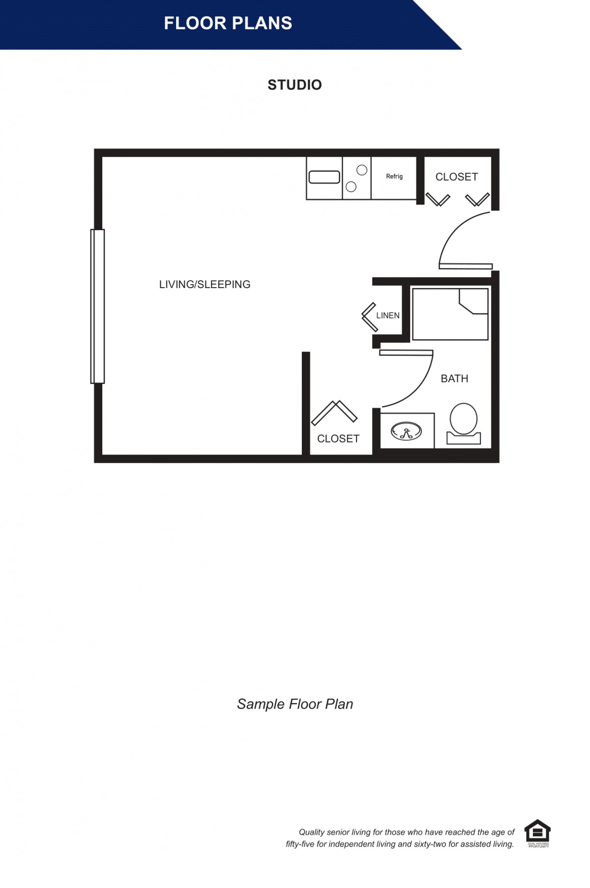 A simple floor plan of a studio apartment with designated living and kitchen areas, a bathroom, and a closet space.