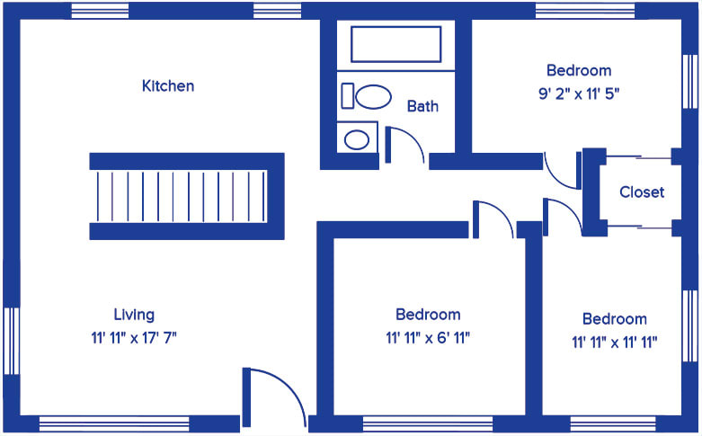 A floor plan showing the layout of a small apartment with rooms labeled: kitchen, living, two bedrooms, and a bath.