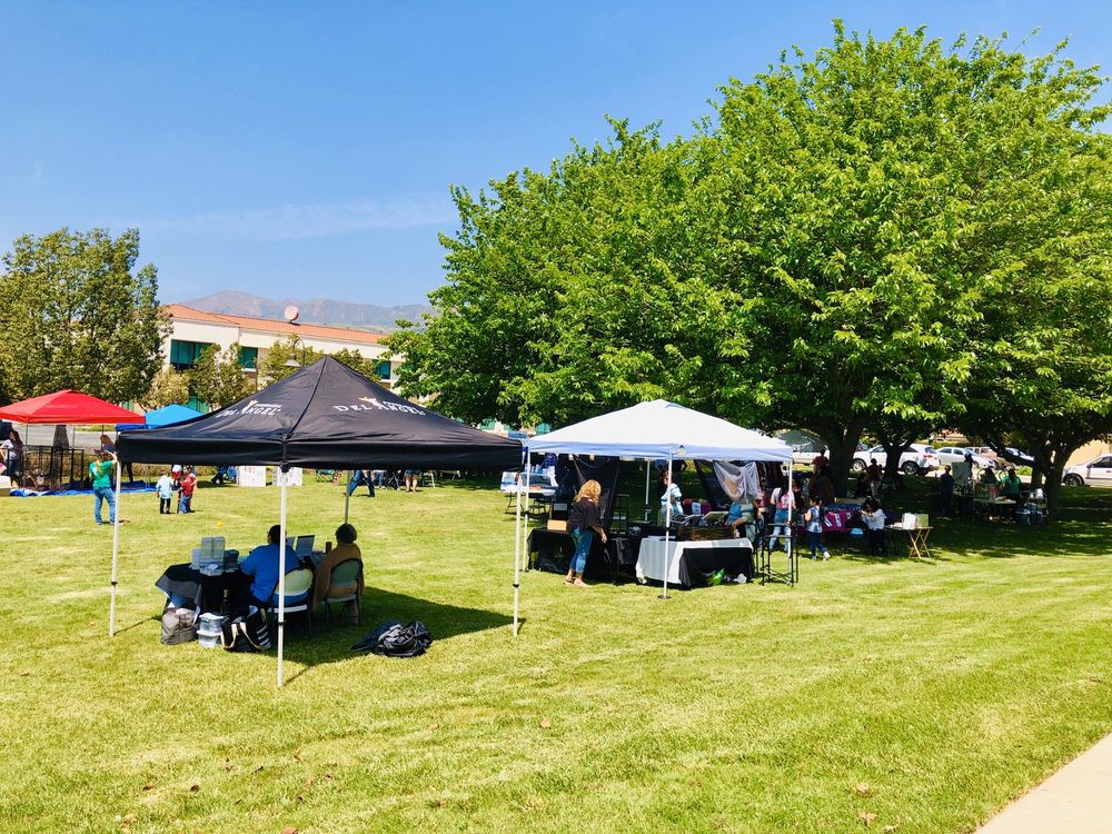 A sunny outdoor event with people gathered under tents in a grassy park.