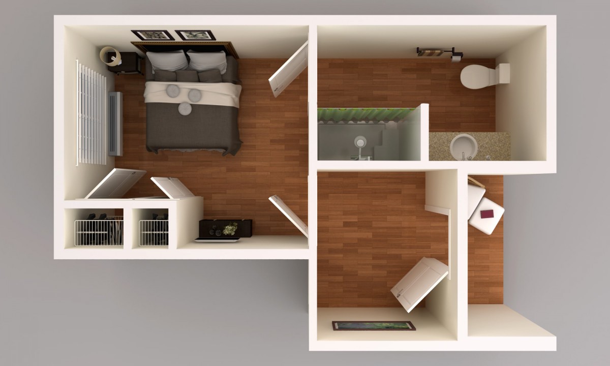 A top-down view of a compact apartment floor plan featuring a bedroom, bathroom, and hallway.