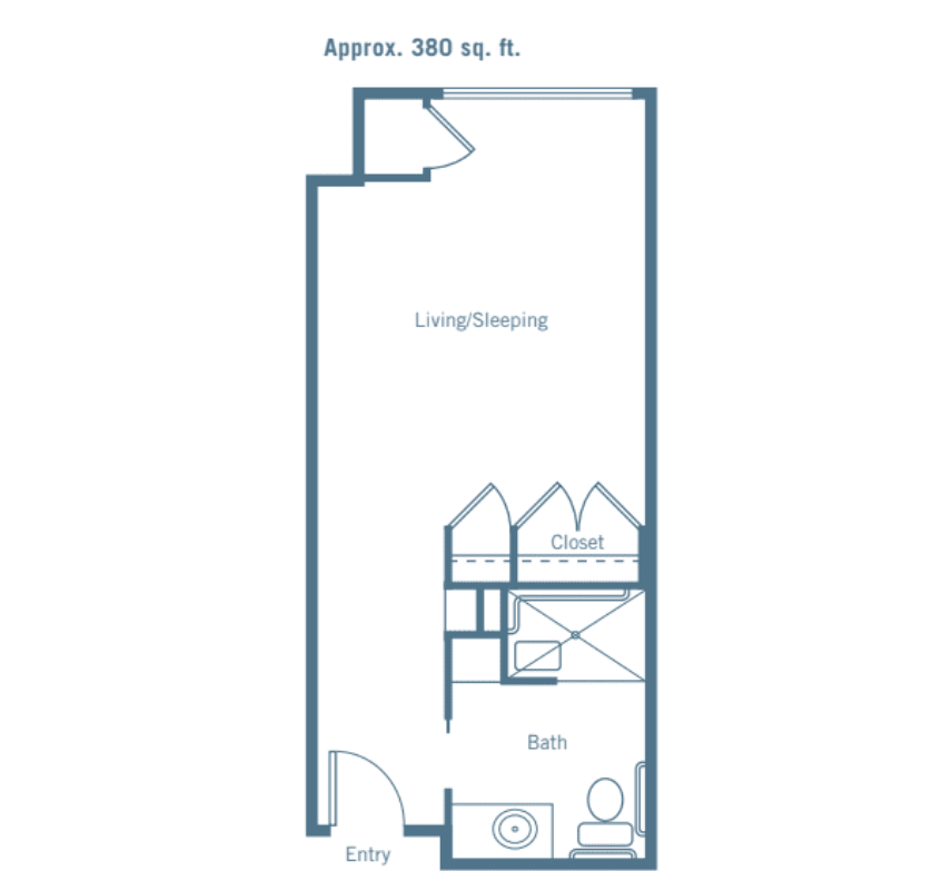 A floor plan of a small studio apartment measuring approximately 369 sq. ft.