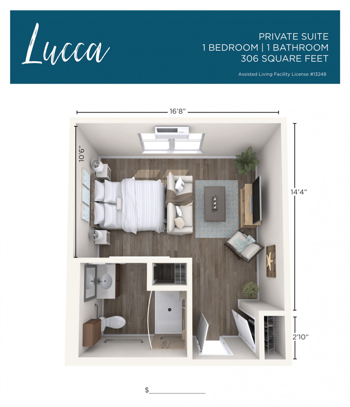 Lucca floor plan for a private suite featuring 1 bedroom and 1 bathroom, covering 365 square feet.