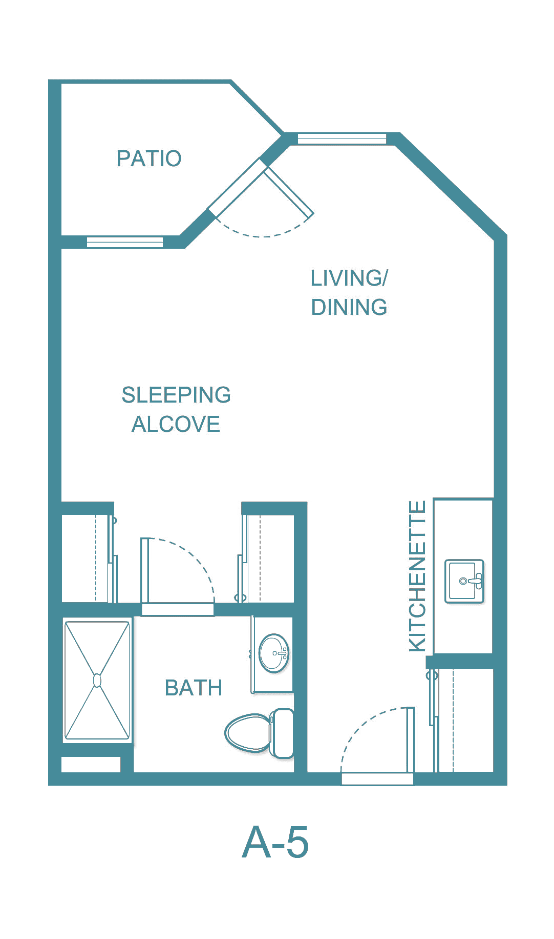 A floor plan of a studio apartment, showing the layout with a sleeping alcove, kitchenette, living/dining area, and bathroom.