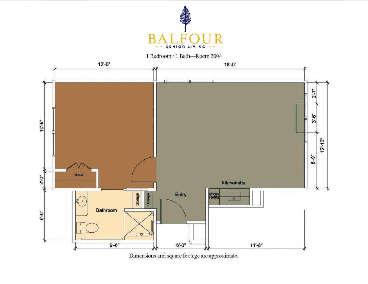Floor plan of a 1 bedroom apartment in the Balfour building.