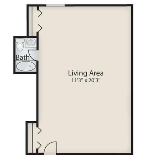 Studio apartment floor plan with a living area and bathroom.