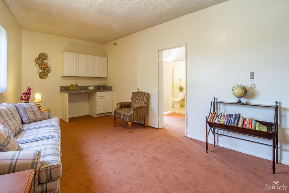 A cozy living room with a sofa, armchair, and small kitchenette.