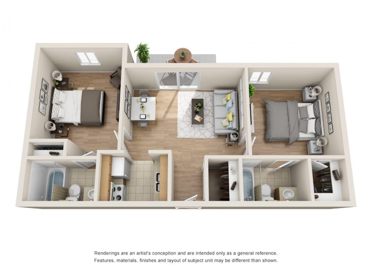 This 3D floor plan showcases a modern apartment with two bedrooms, an open living area, and two bathrooms.