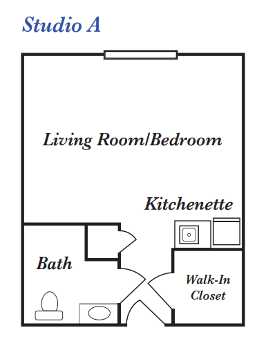 Studio apartment floor plan featuring a living room/bedroom, kitchenette, bath, and walk-in closet.