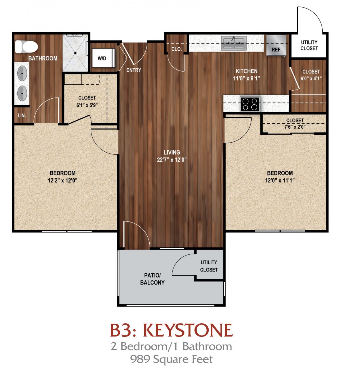 A floor plan named 'B3: Keystone' showcasing a two-bedroom, one-bathroom apartment layout.