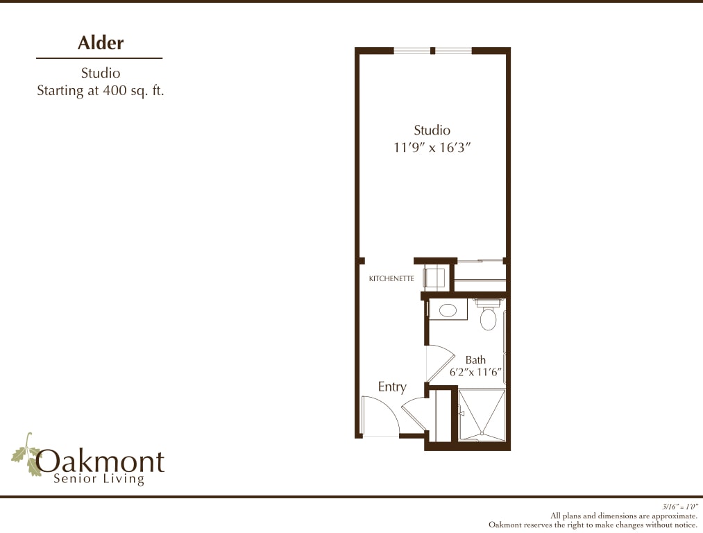 Studio apartment floor plan with detailed layout and dimensions.