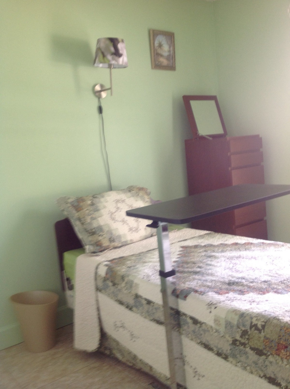 A small bedroom with a hospital bed and a mobile bed table against green walls.