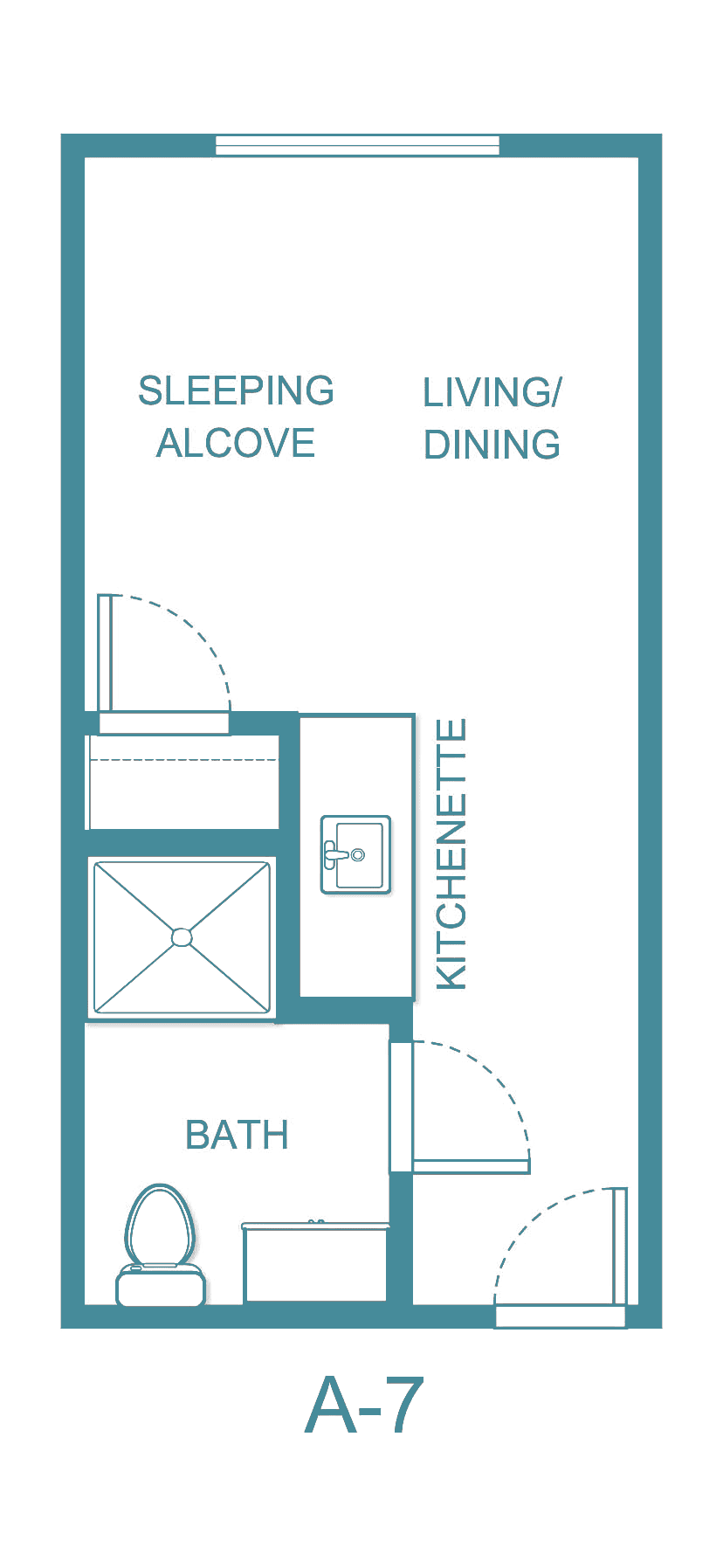 A floor plan of a studio apartment featuring an alcove, dining area, kitchenette, and bathroom.