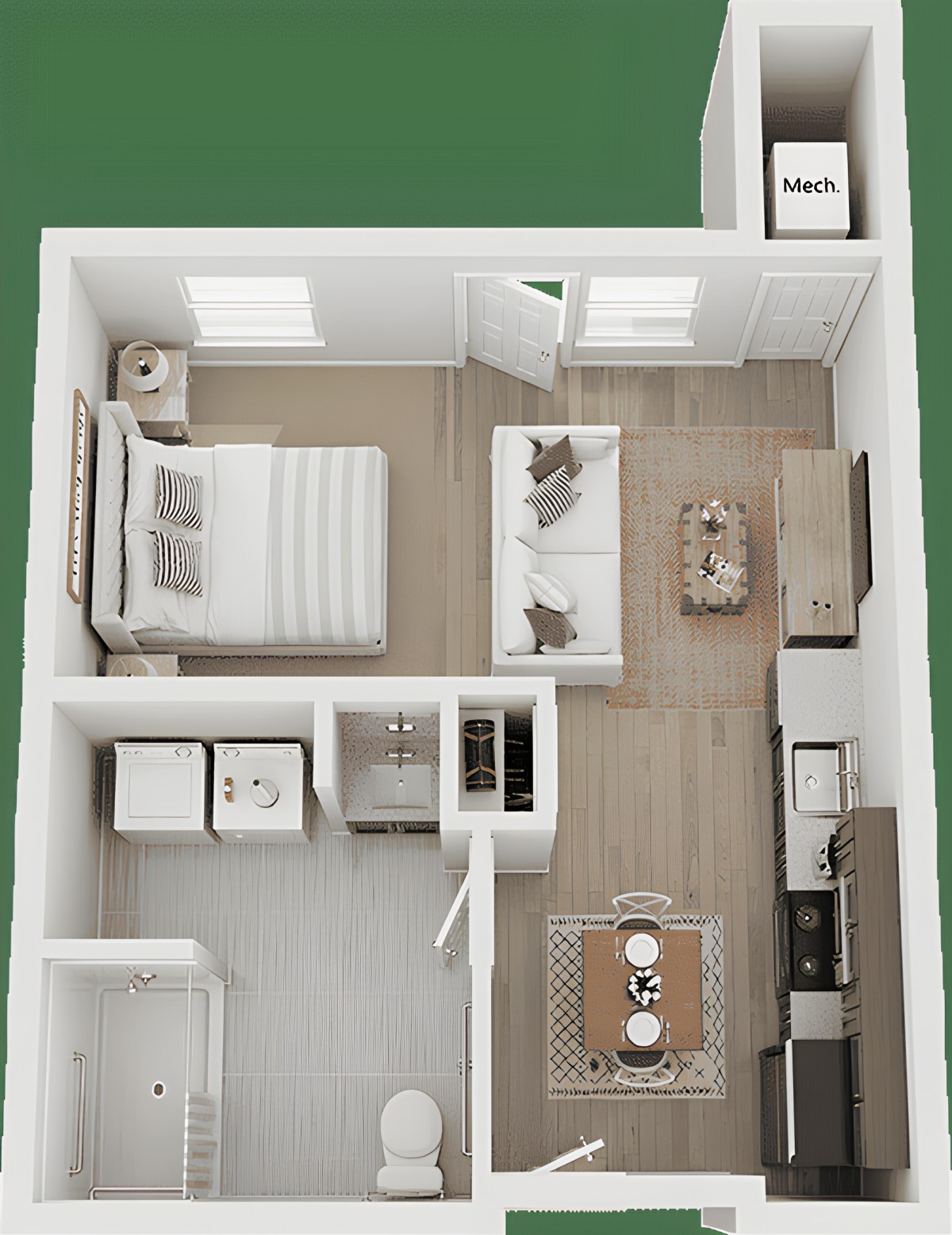 A 3D floor plan of a one-bedroom apartment featuring a living room, kitchen, and bathroom.