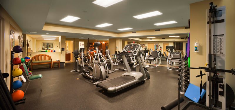 A well-equipped gym with treadmills and elliptical machines.