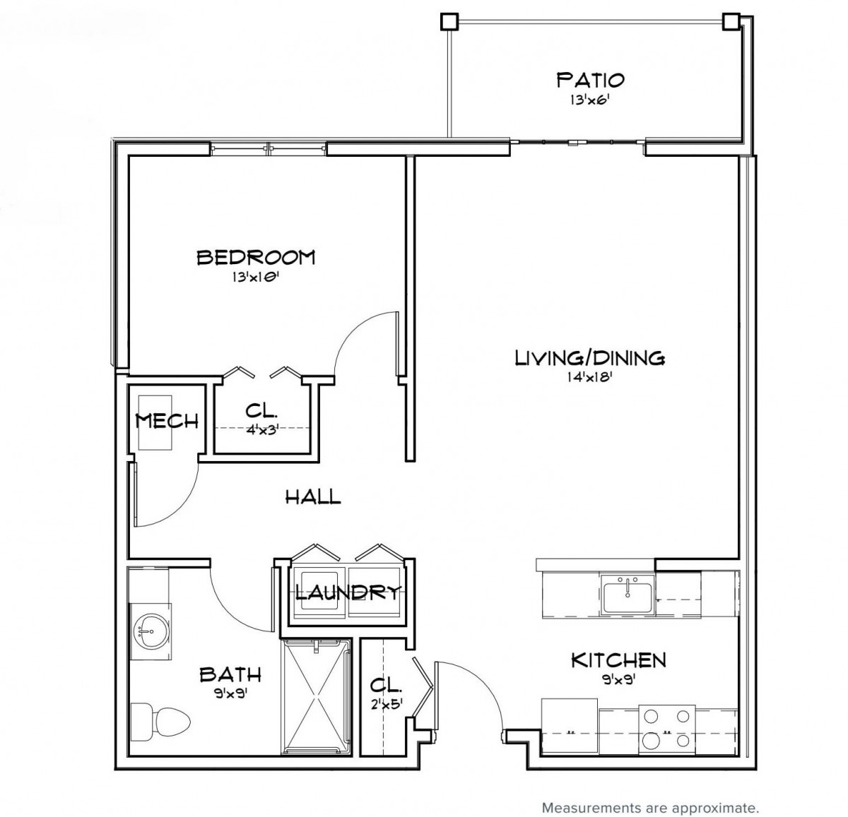 A floor plan for a one-bedroom apartment featuring a living room, kitchen, bathroom, and patio.