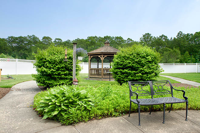 A peaceful garden featuring a wooden gazebo surrounded by lush greenery and a nearby bench.