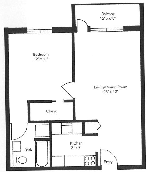 Floor plan of a one-bedroom apartment with specific room dimensions.