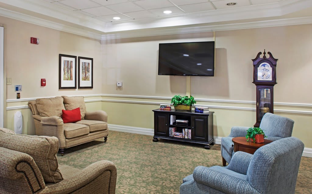 A cozy living room with comfortable seating, a large television, and decorative elements.