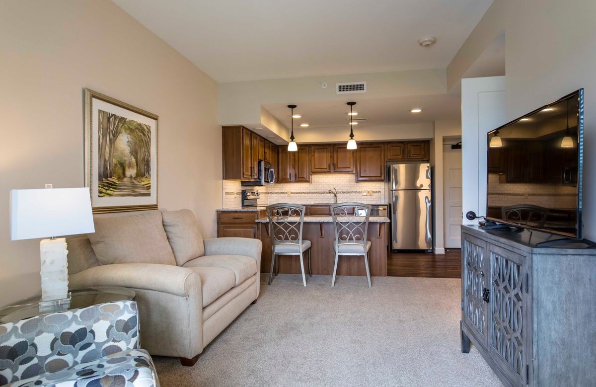 A cozy living room with an open kitchen featuring modern appliances and elegant decor.