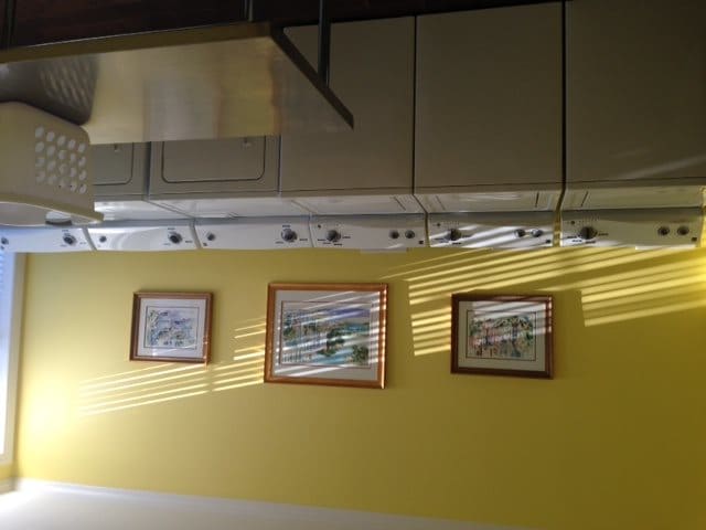 Three framed paintings hanging on a yellow wall, illuminated by sunlight through window blinds.