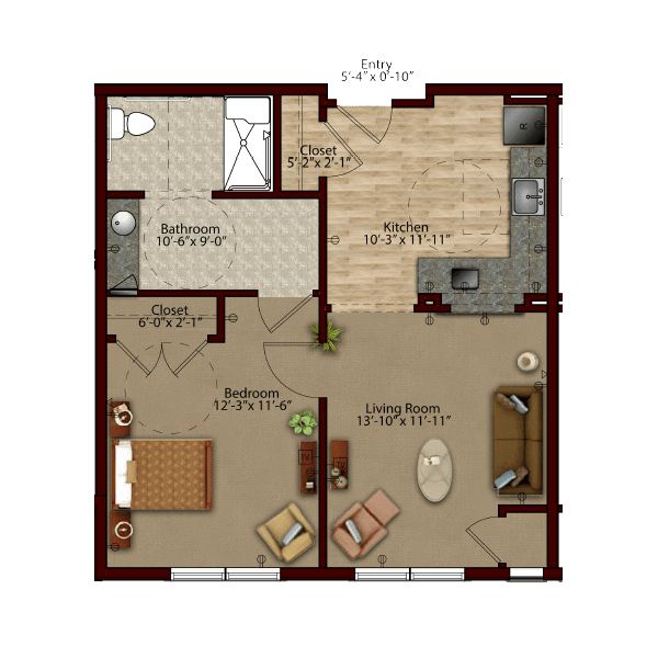 A floor plan of a one-bedroom apartment featuring a bedroom, bathroom, kitchen, and living area.