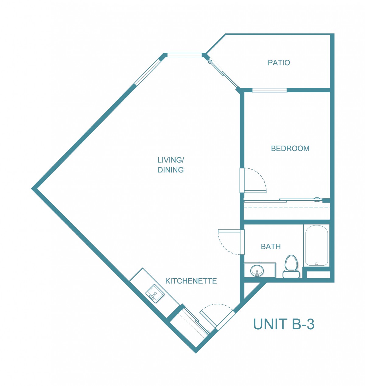 Floor plan of Unit B-3 featuring a living/dining area, kitchen, bedroom, and bathroom.