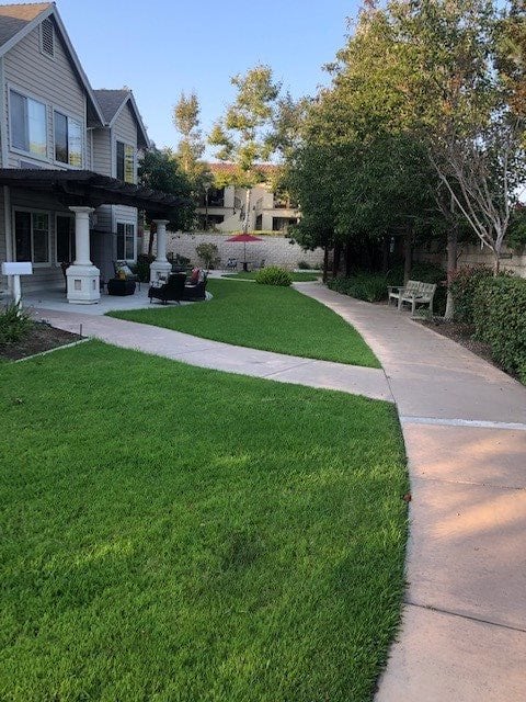 A paved pathway curves through a landscaped area with grass, trees, and adjacent buildings.