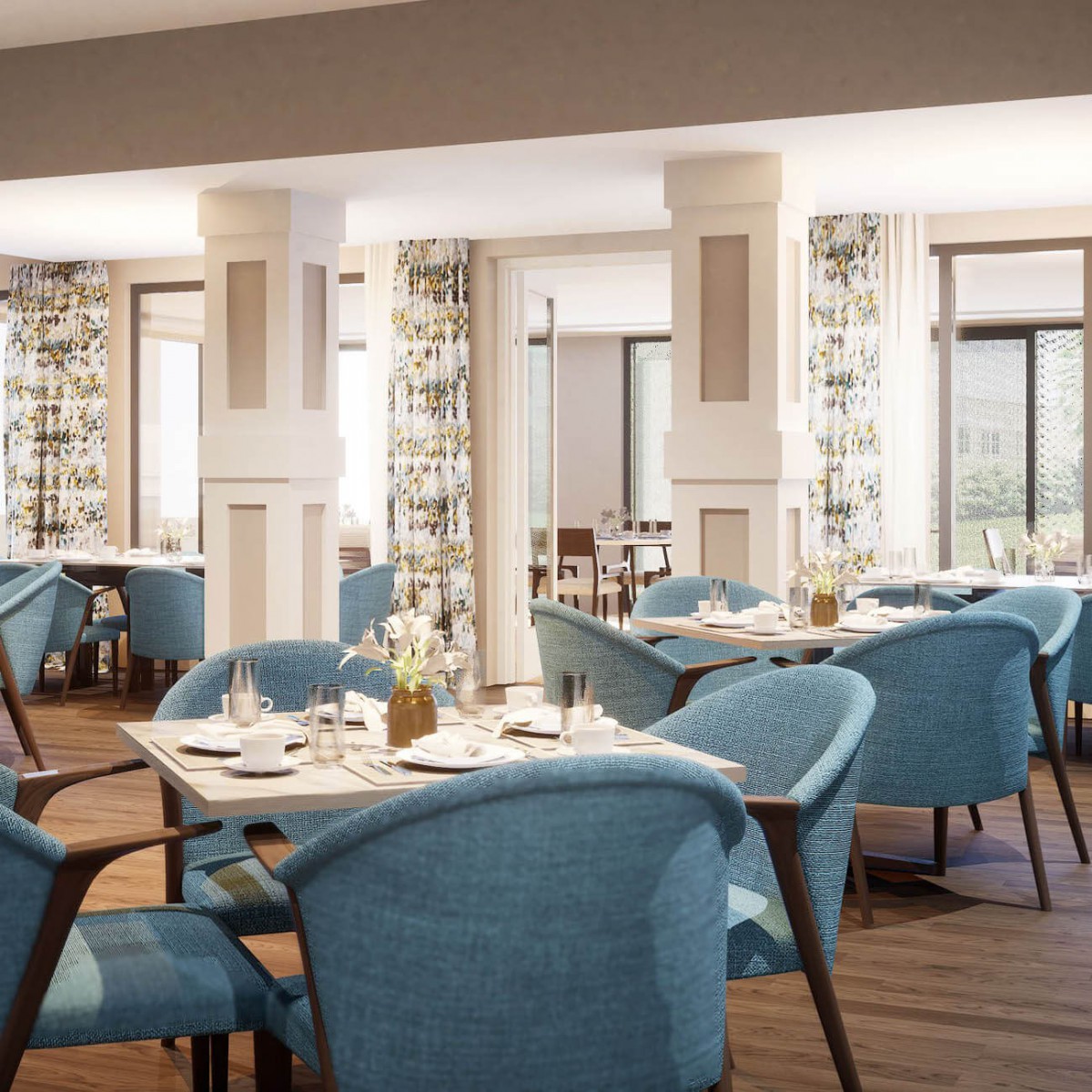 A modern restaurant interior with blue upholstered chairs and neatly arranged tables.