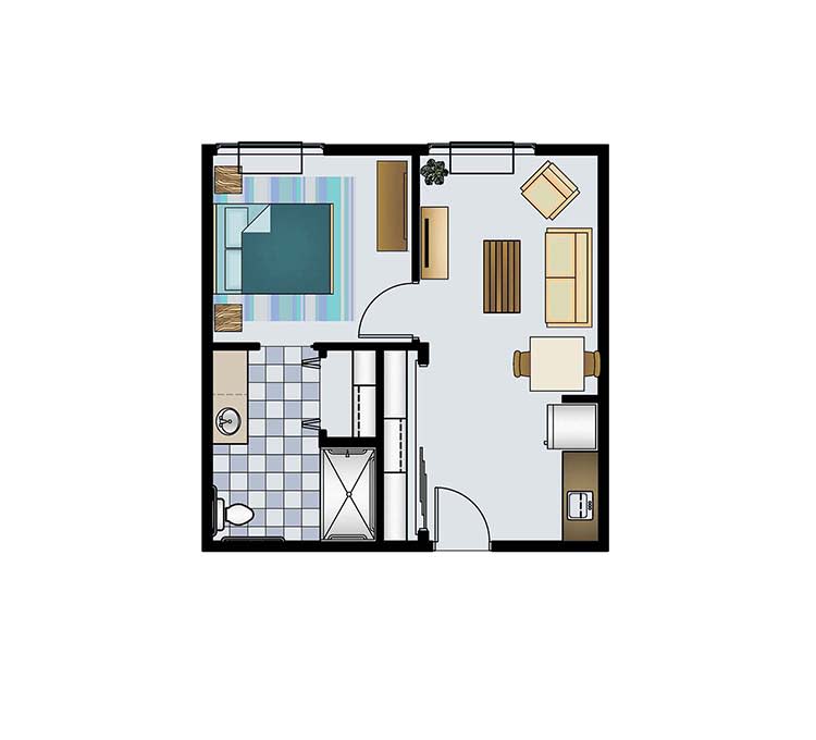 A simple floor plan of a one-bedroom apartment, including a living room, kitchen, and bathroom.