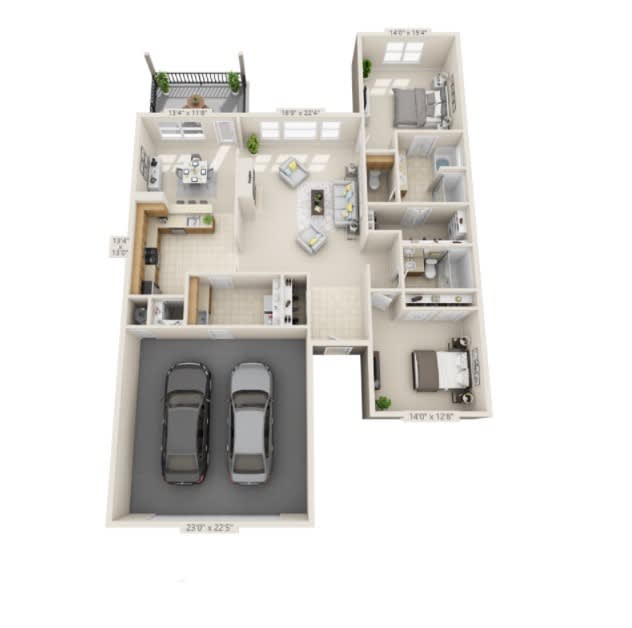 A 3D floor plan of a house featuring a garage, multiple rooms, and an open living area.