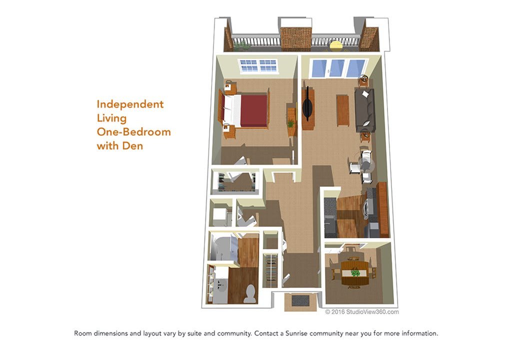 A 3D floor plan of an independent living one-bedroom apartment with a den.