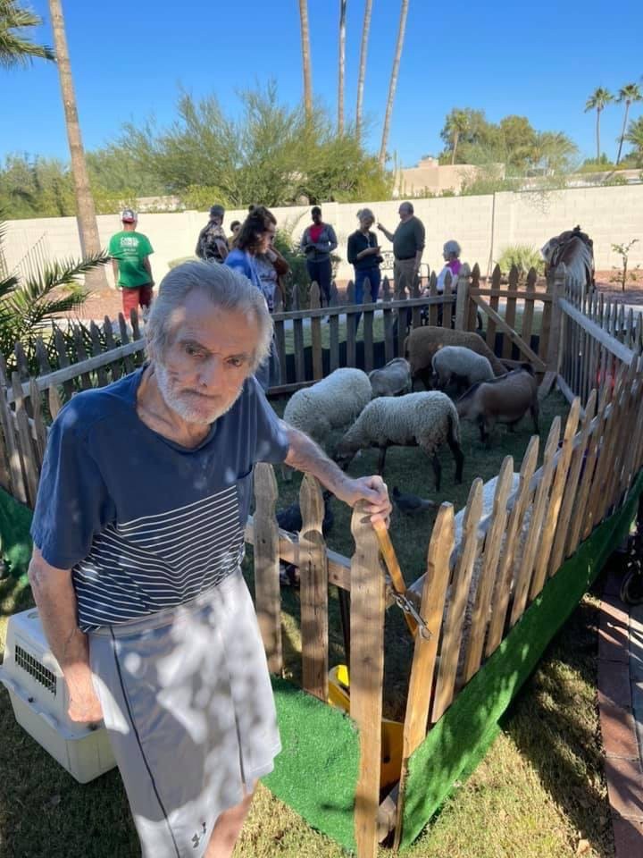 A man stands next to a fenced area containing sheep at an outdoor event.