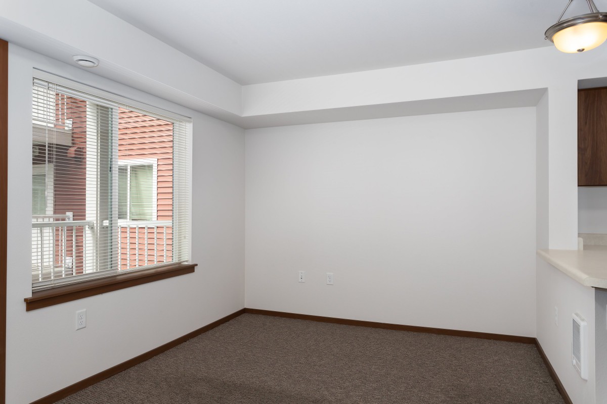 An empty room with white walls and a carpeted floor, featuring a large window that lets in natural light.