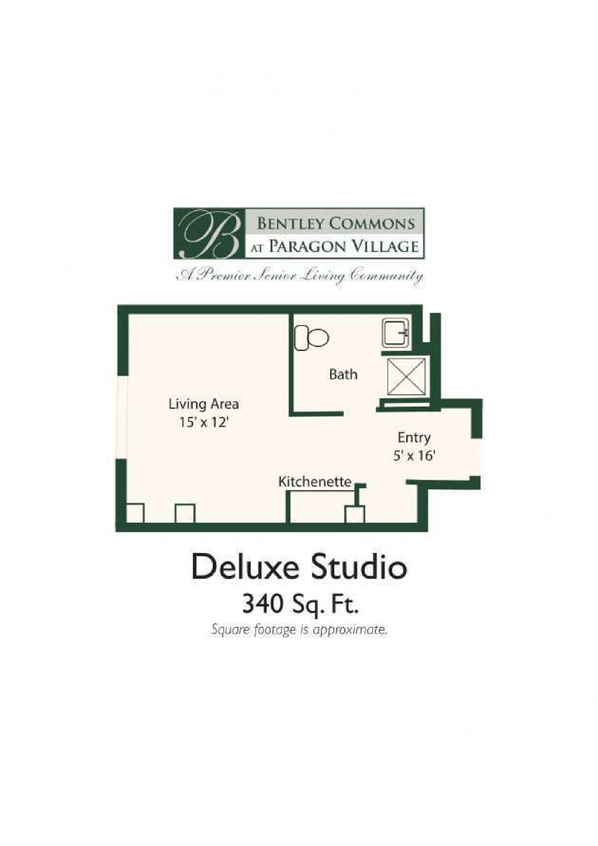 Floor plan of a Deluxe Studio apartment measuring 340 square feet.