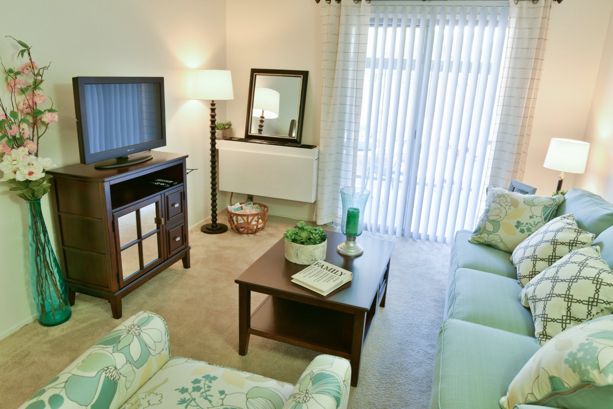 A cozy living room with a sofa, coffee table, and television, featuring elegant decor and soft lighting.